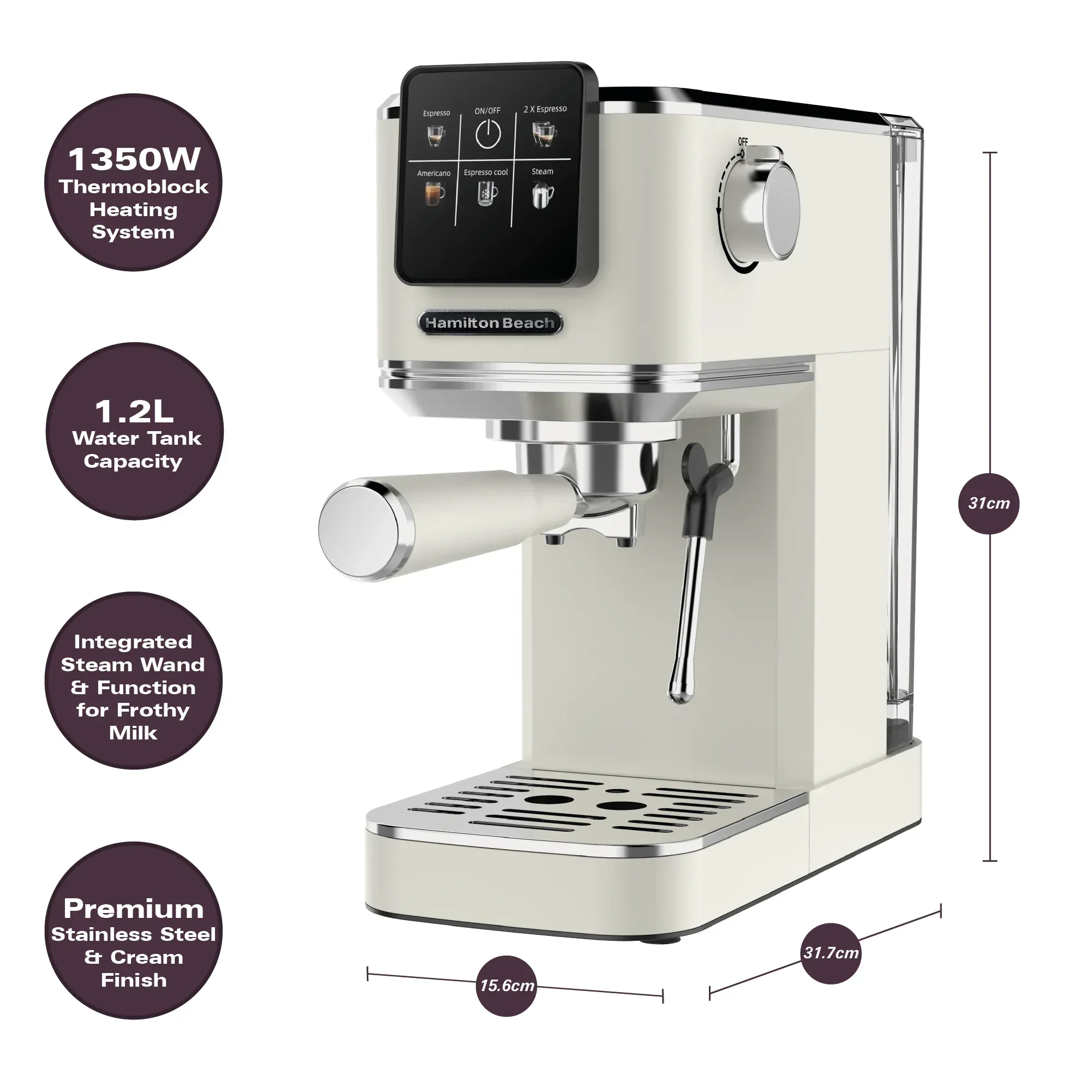 Hamilton Beach BaristaPro Touch 5-in-1 Espresso Machine Cream - Image 7