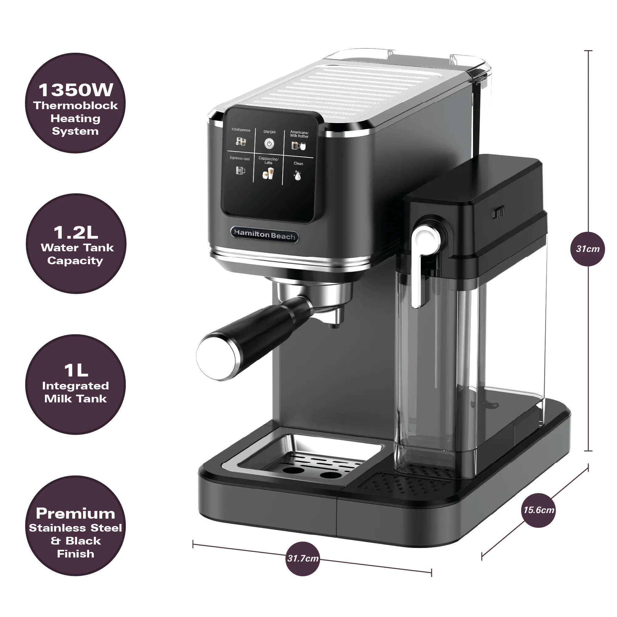 Hamilton Beach BaristaPro+ Touch 8-in-1 Espresso Machine Black - Image 14