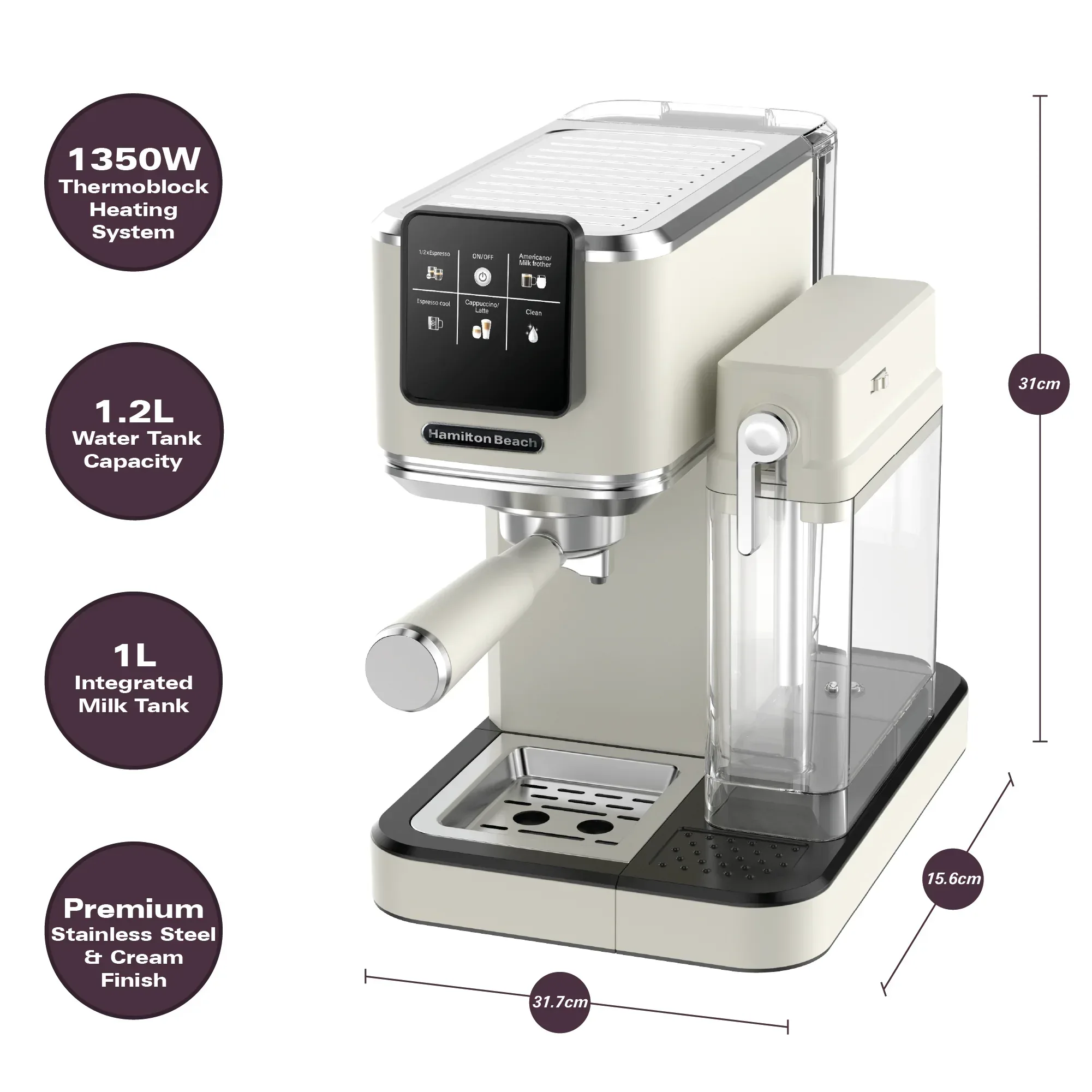 Hamilton Beach BaristaPro+ Touch 8-in-1 Espresso Machine Cream - Image 15