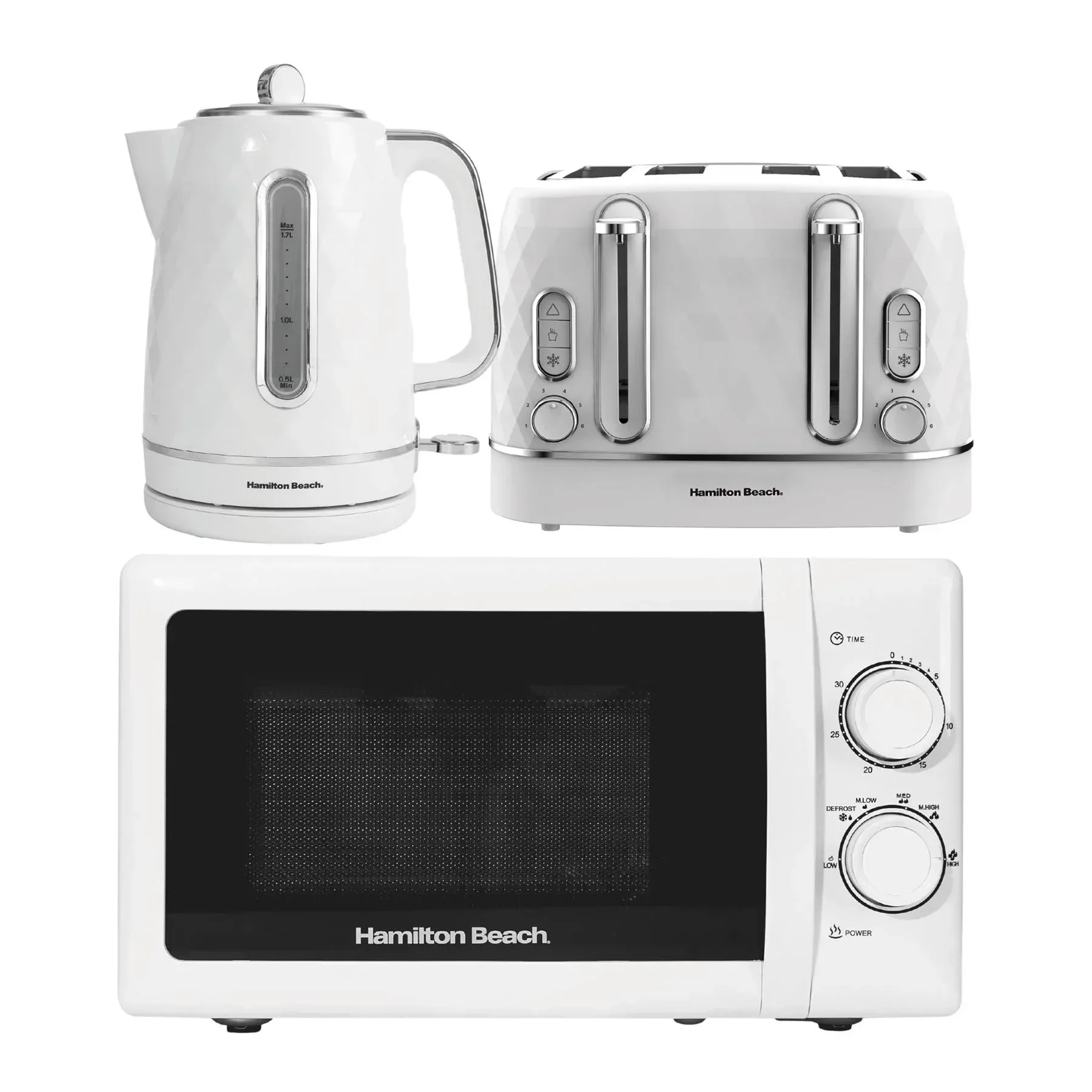 Hamilton Beach Diamond Kettle, Toaster & 20L Stainless Steel Cavity Microwave Set - White