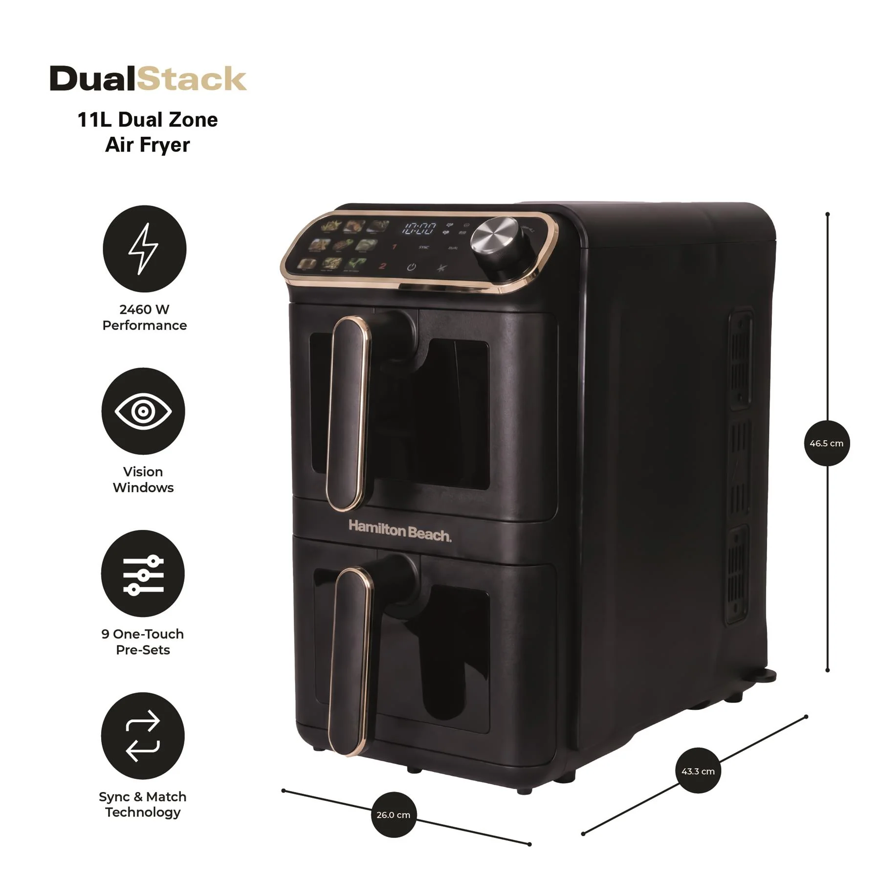 Hamilton Beach DualStack 11L Smart Air Fryer - Black & Brushed Brass - Image 11