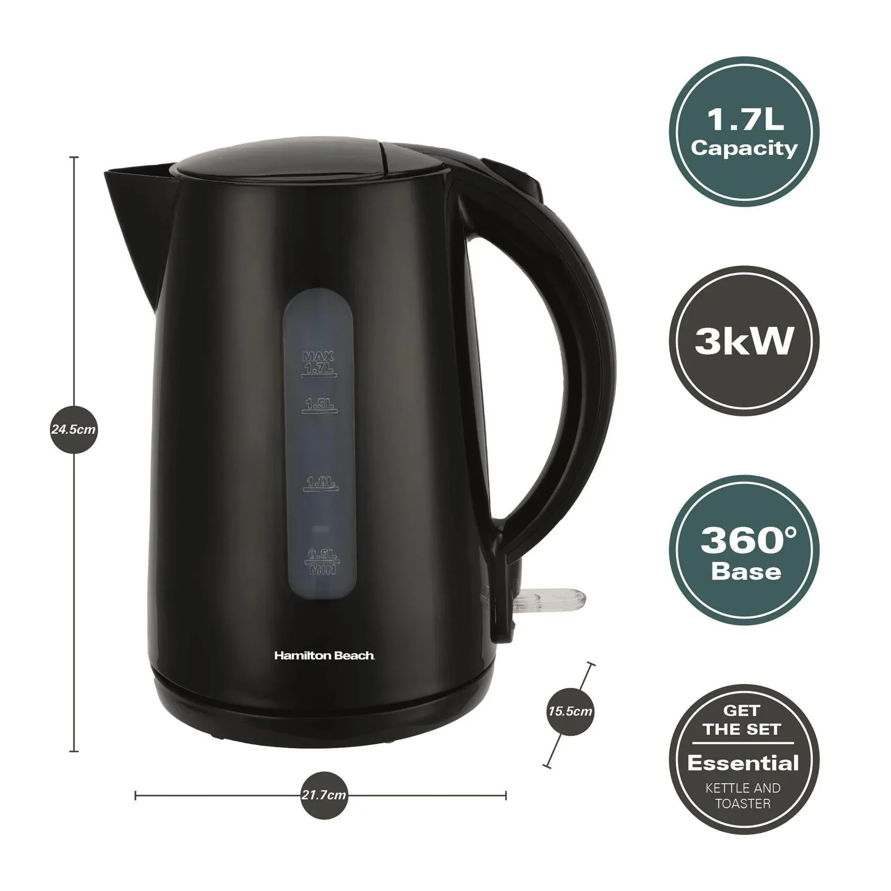 Hamilton Beach Essentials Rapid Boil Kettle & 4 Slice Toaster Set - Black - Image 5