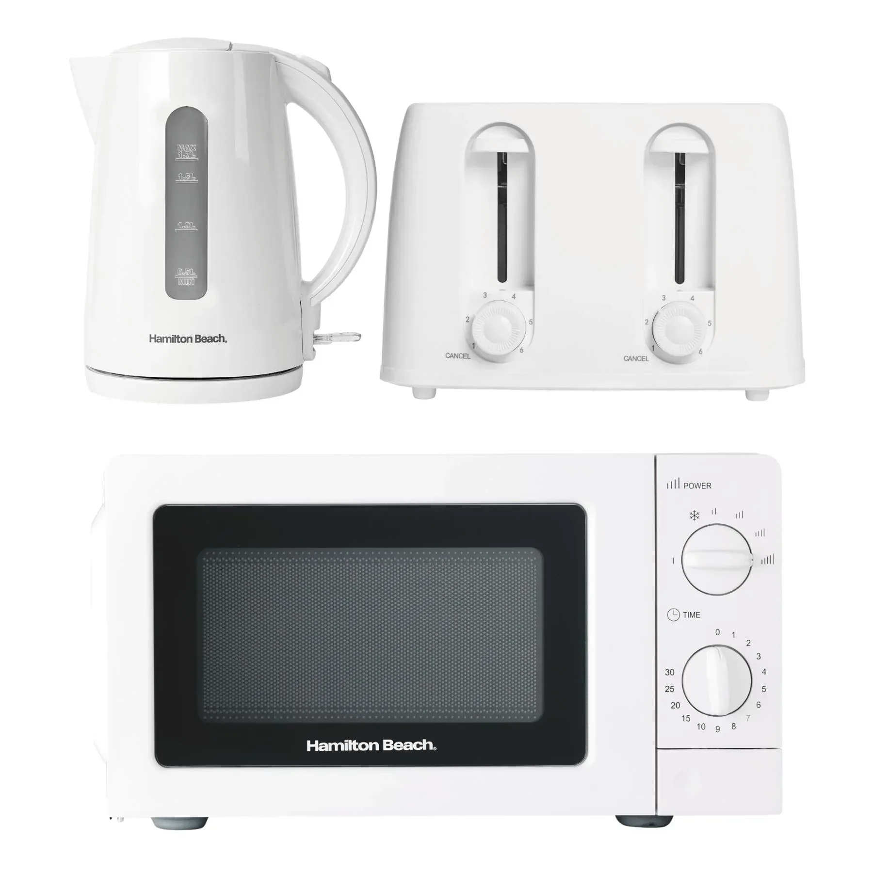 Hamilton Beach Essentials Kettle, 4 Slice Toaster & 20L Stainless Steel Cavity Microwave Set - White