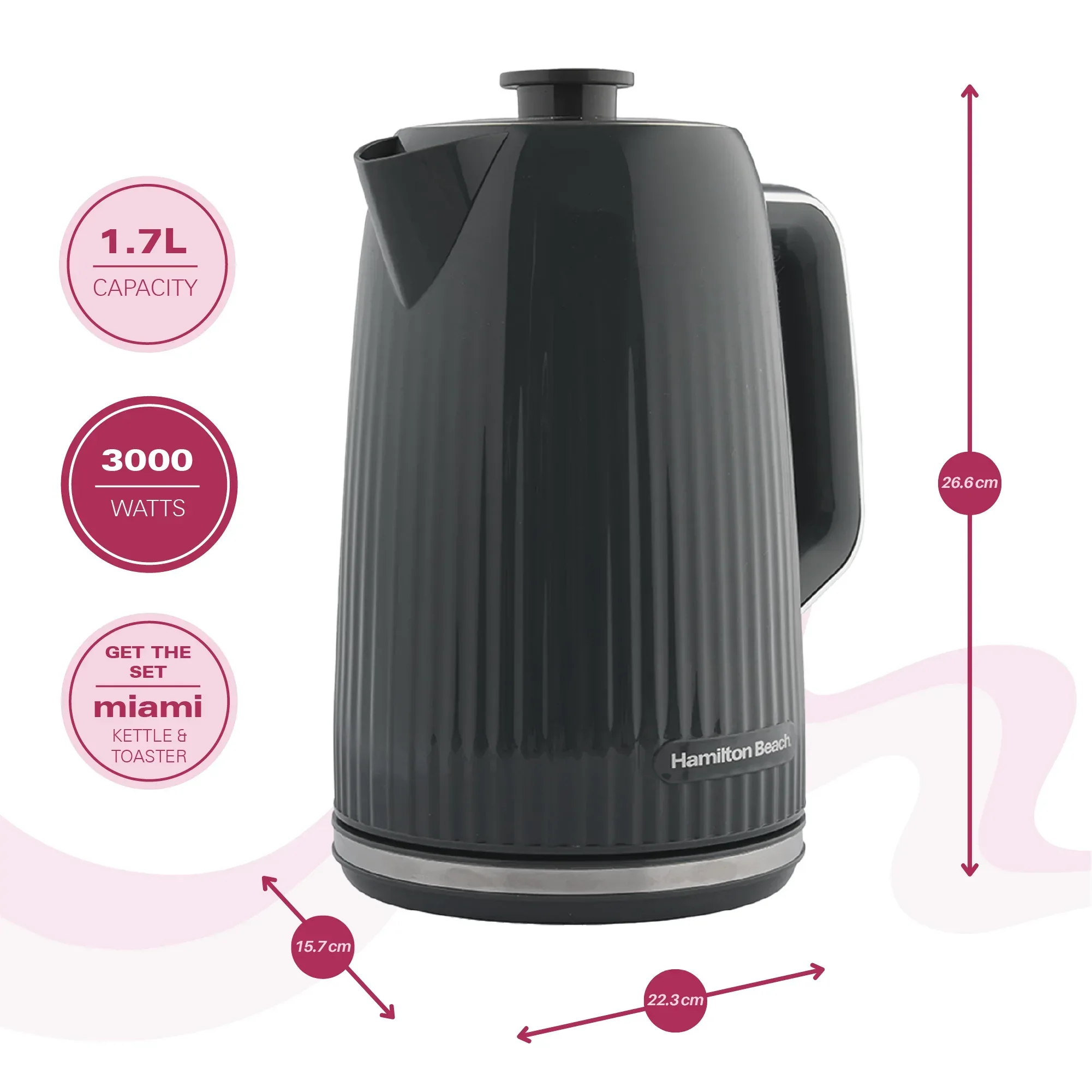 Hamilton Beach Miami Kettle & Toaster Set Charcoal Grey - Image 6
