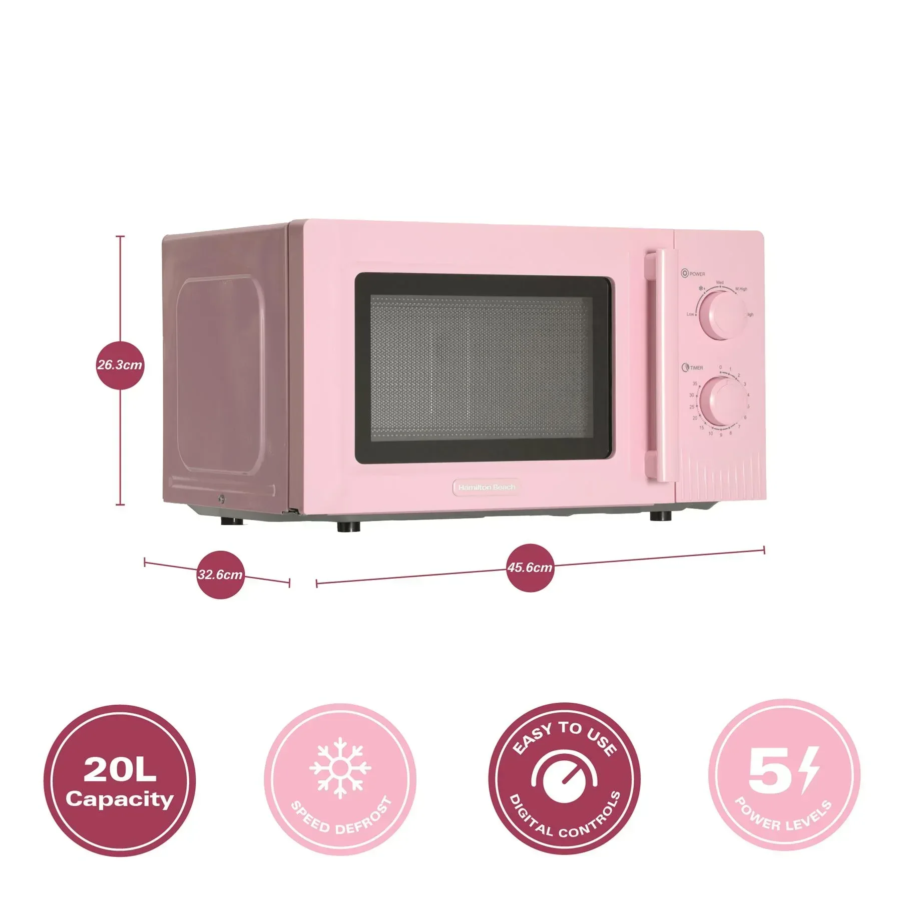 Hamilton Beach Miami Manual 800W Microwave - Flamingo Pink - Image 11
