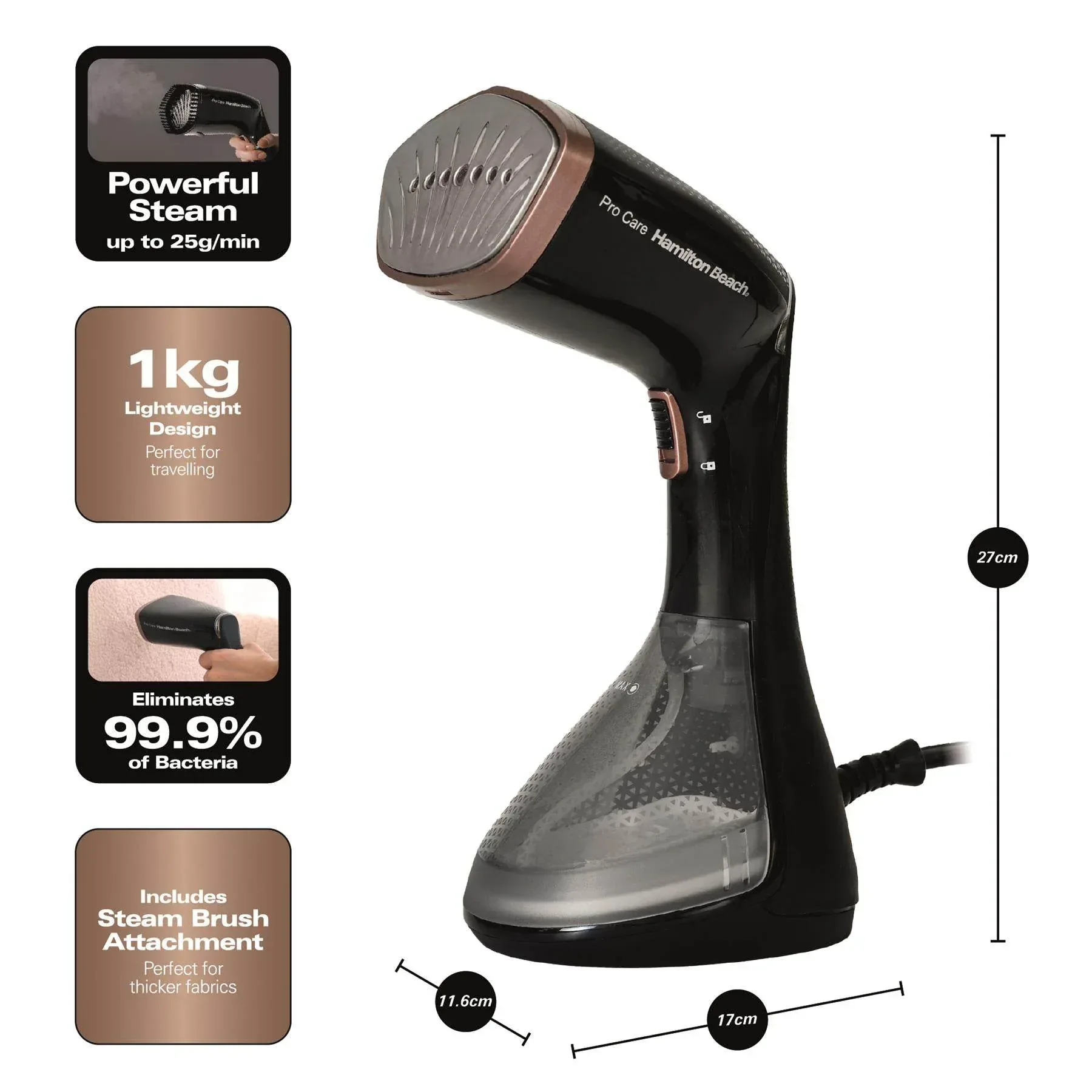 Hamilton Beach ProCare Handheld Garment Steamer - Black & Bronze - Image 4