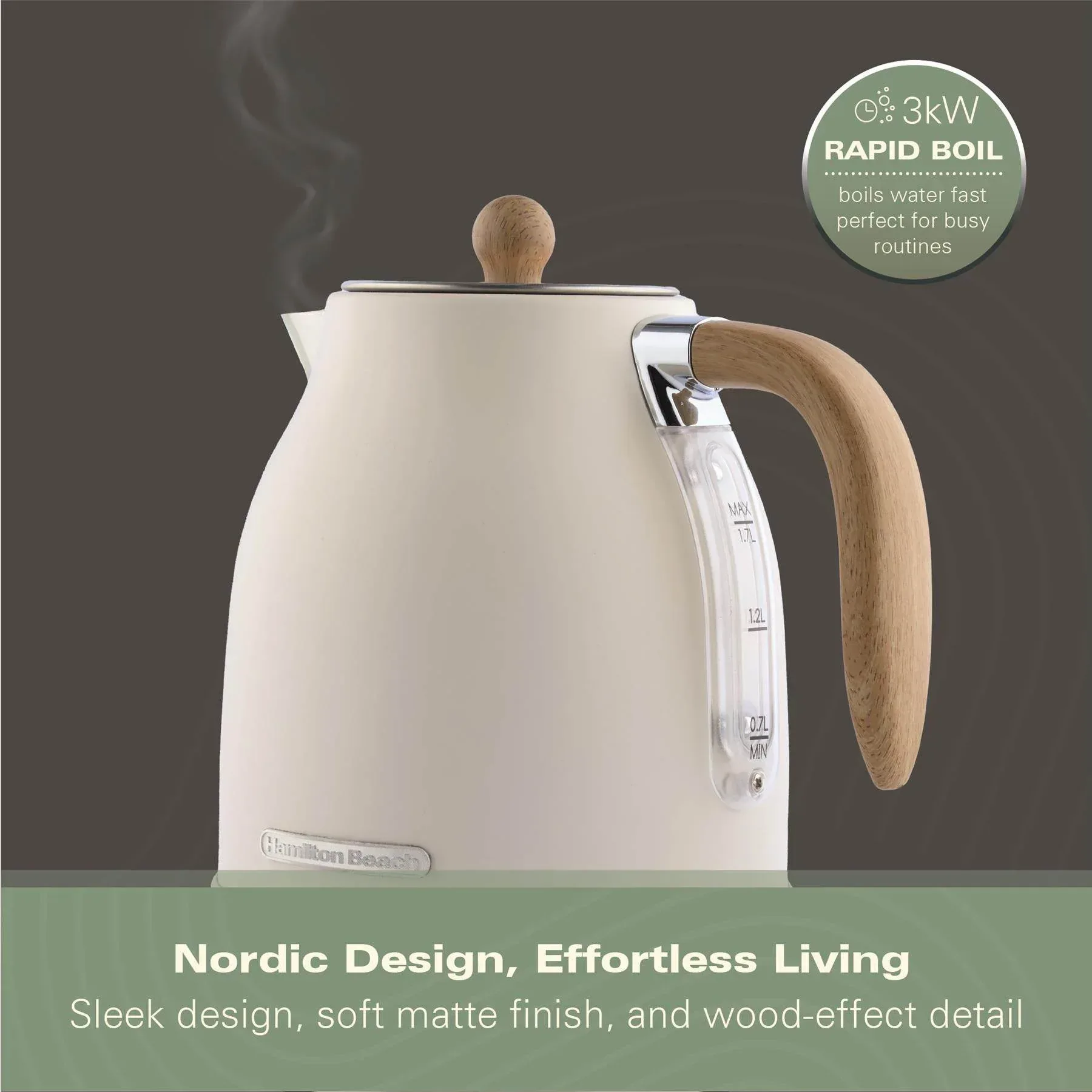 Hamilton Beach Scandi 1.7L Jug Kettle - Matte Cream with Wood Effect - Image 6