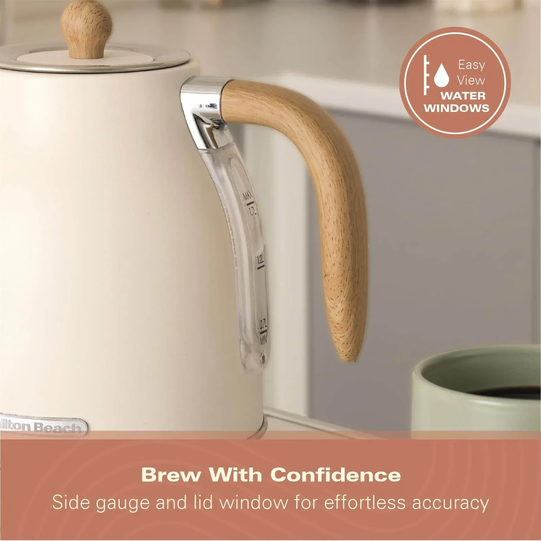 Hamilton Beach Scandi 1.7L Jug Kettle - Matte Cream with Wood Effect - Image 7