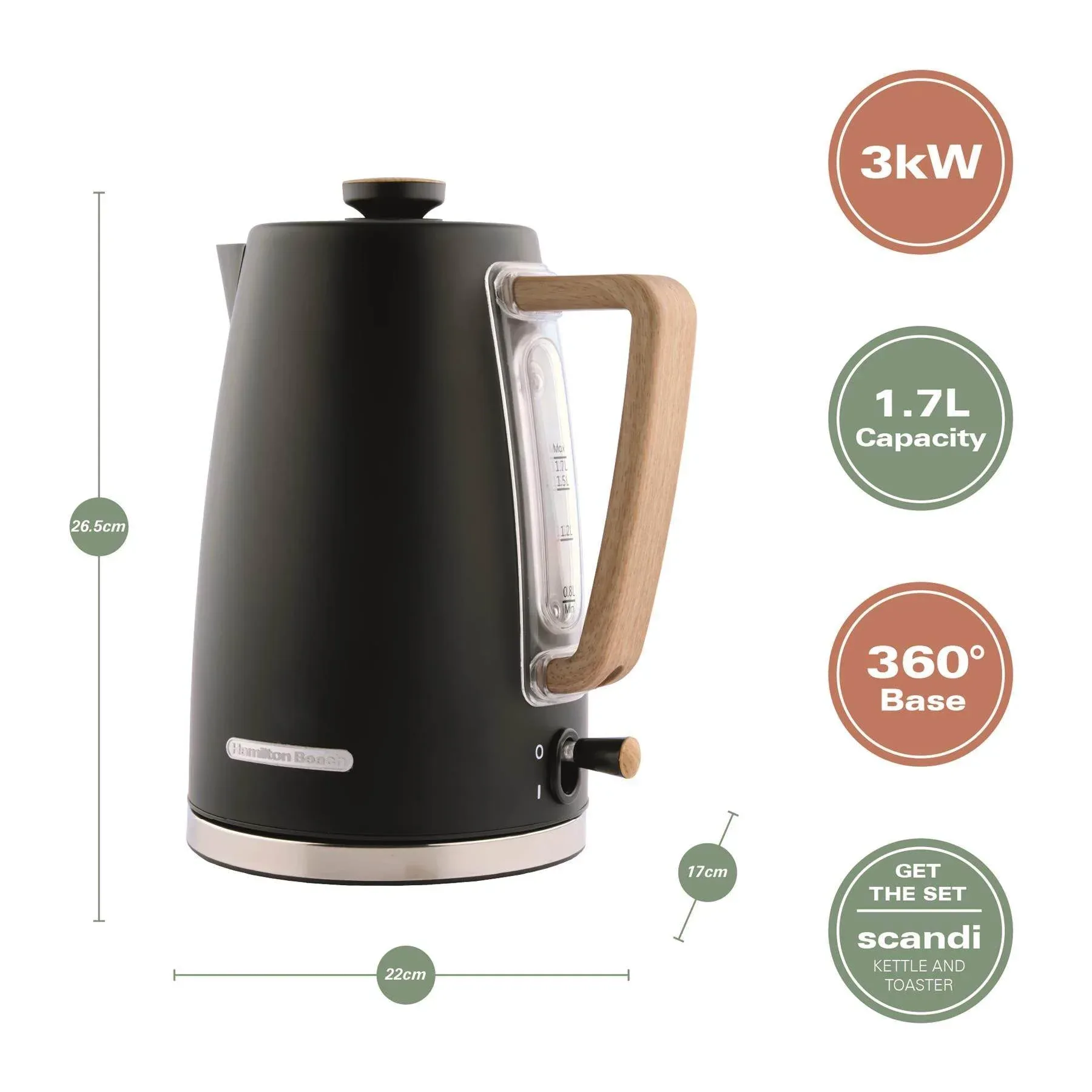 Hamilton Beach Scandi 1.7L Kettle - Matte Black with Wood Effect - Image 4