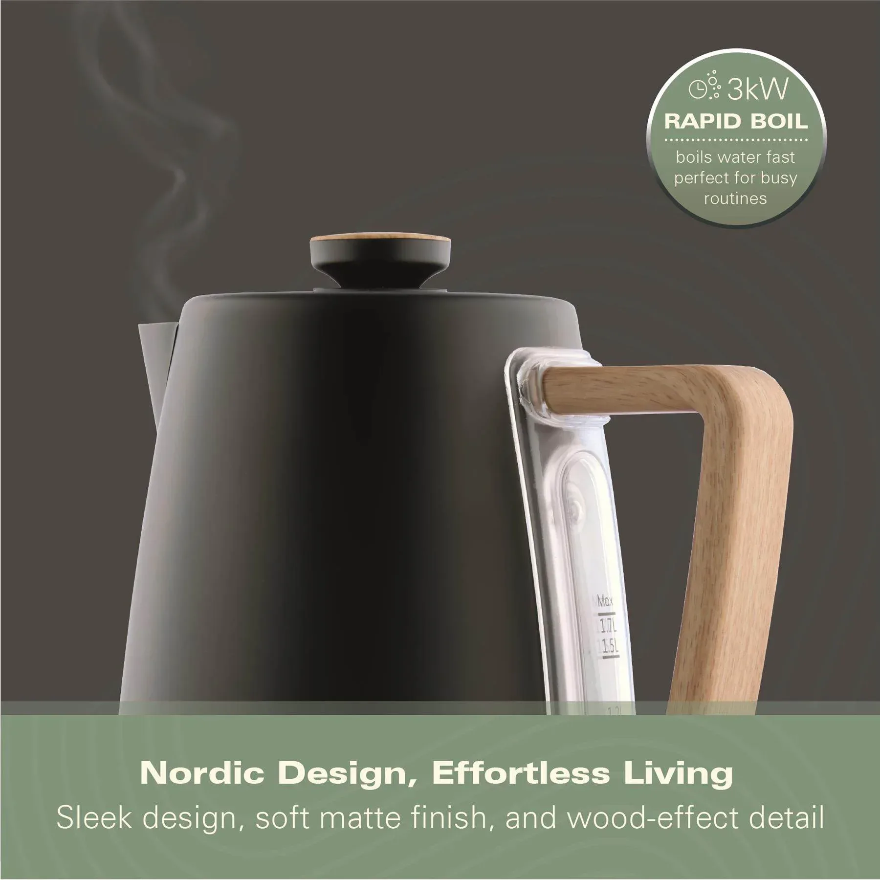 Hamilton Beach Scandi 1.7L Kettle - Matte Black with Wood Effect - Image 6