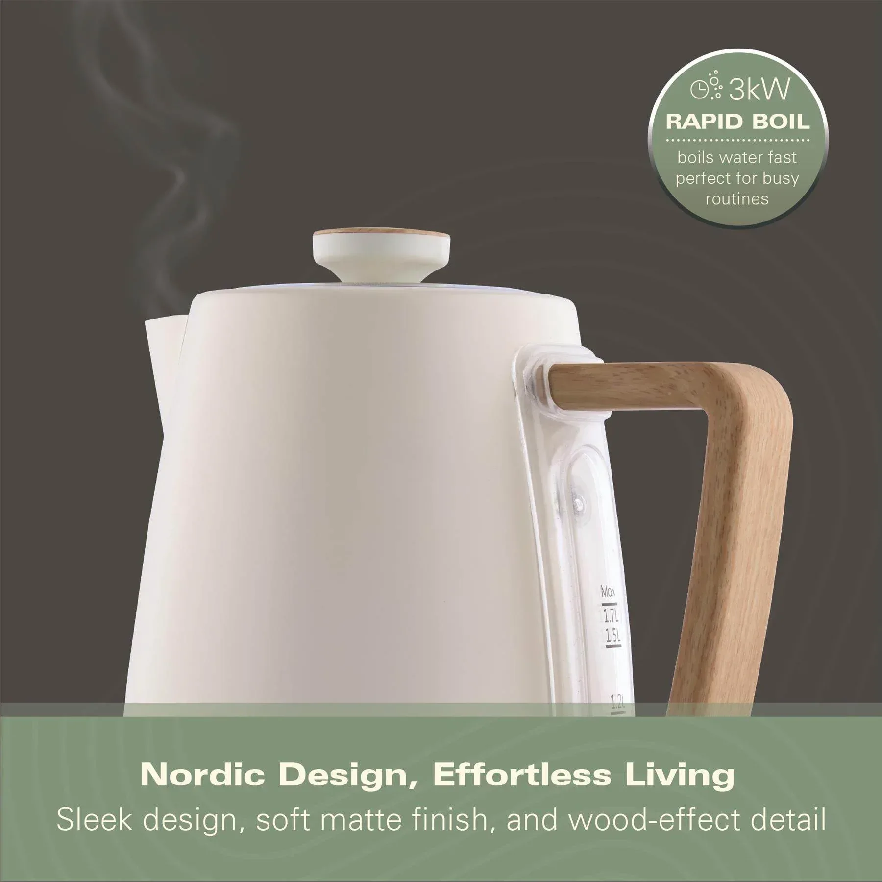 Hamilton Beach Scandi 1.7L Kettle - Matte Cream with Wood Effect - Image 6
