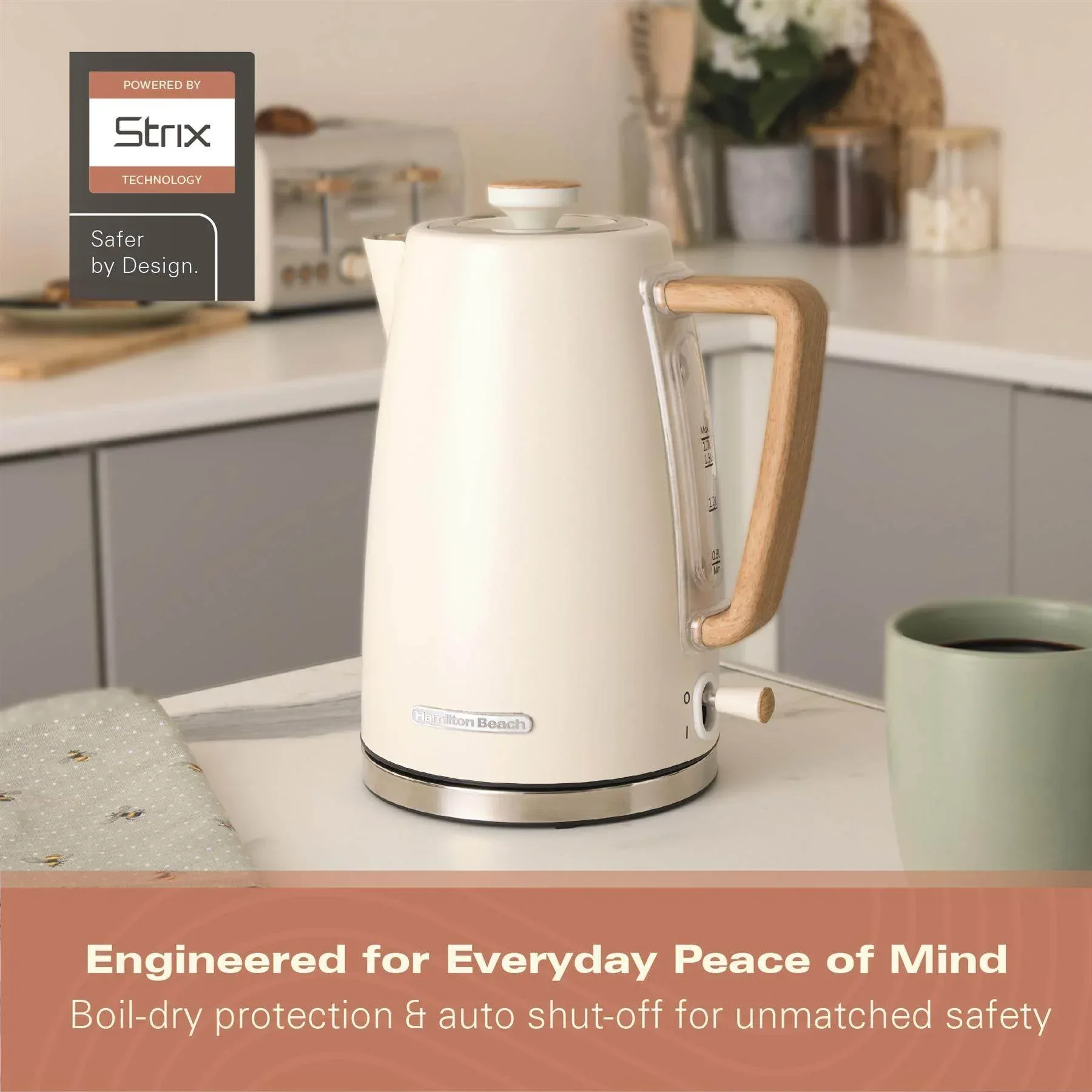Hamilton Beach Scandi 1.7L Kettle - Matte Cream with Wood Effect - Image 9