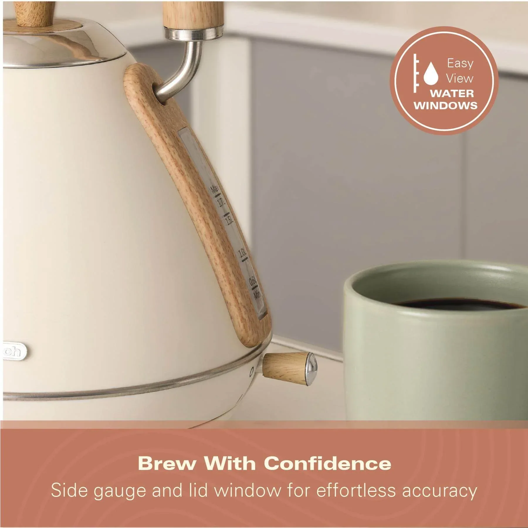 Hamilton Beach Scandi 1.7L Pyramid Kettle - Matte Cream with Wood Effect - Image 7