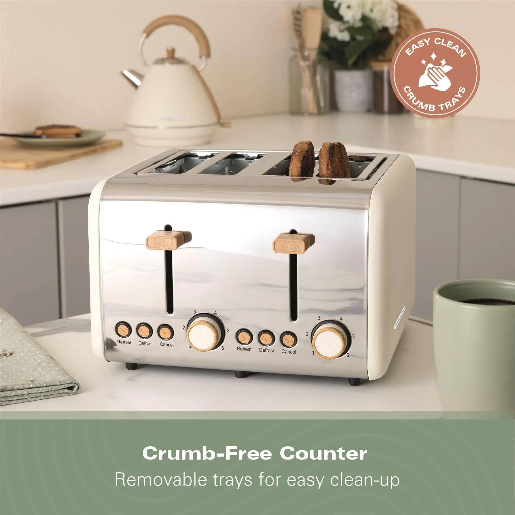Hamilton Beach Scandi 4 Slice Toaster - Matte Cream with Wood Effect - Image 10