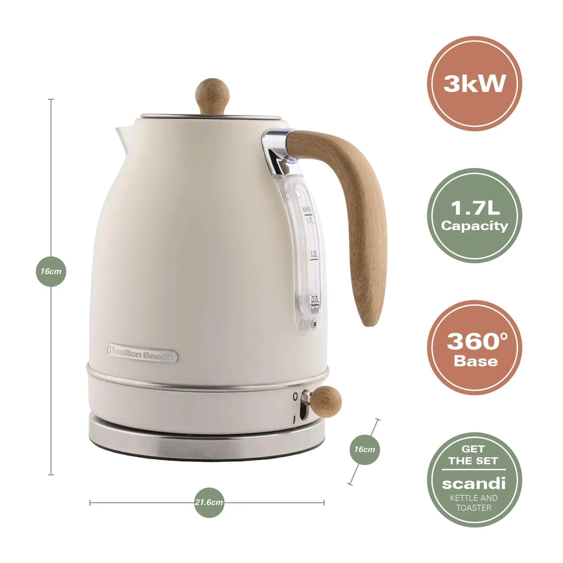 Hamilton Beach Scandi Jug Kettle & Toaster Set - Cream - Image 5