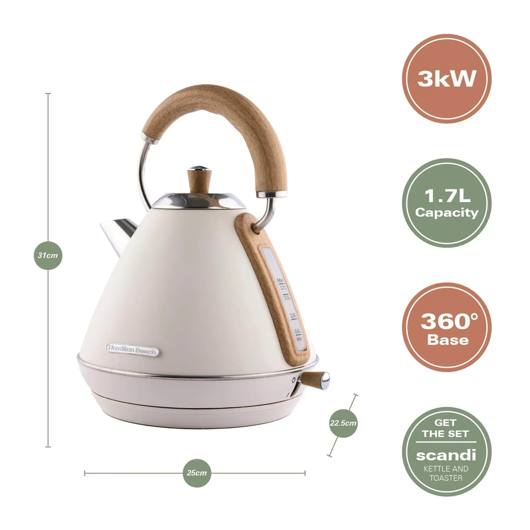 Hamilton Beach Scandi Pyramid Kettle & Toaster Set - Cream - Image 5