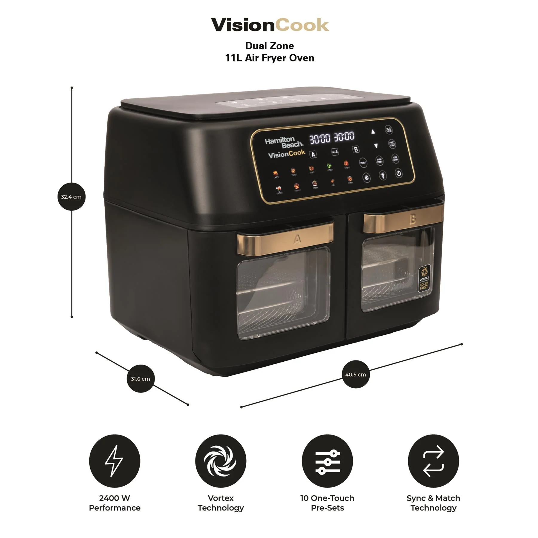Hamilton Beach VisionCook 11L Dual Air Fryer Oven - Black & Brass - Image 10
