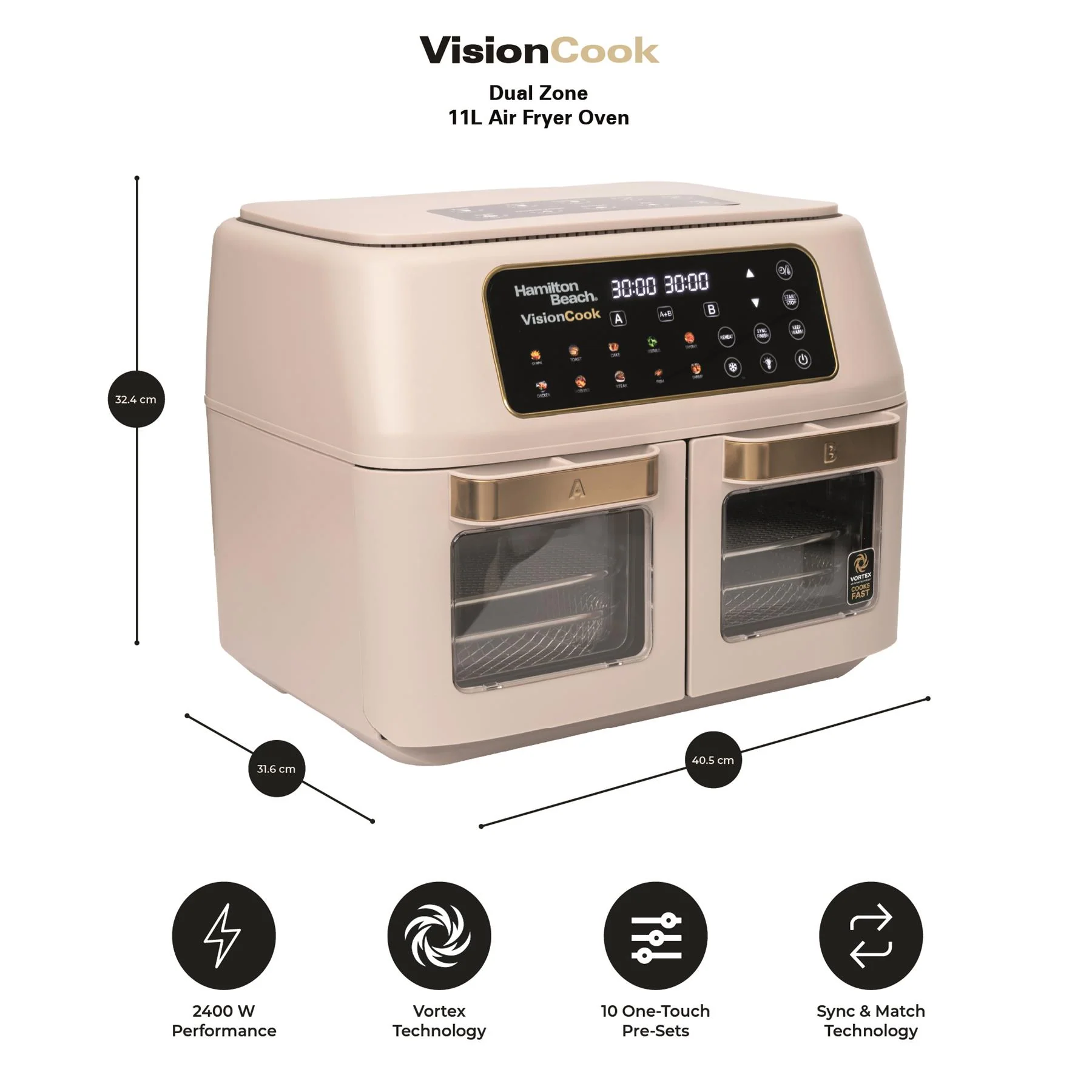 Hamilton Beach VisionCook 11L Dual Air Fryer Oven - Stone & Brass - Image 10